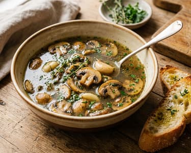 French Provençal Garlic Mushroom Soup | With Crispy Herb Baguette