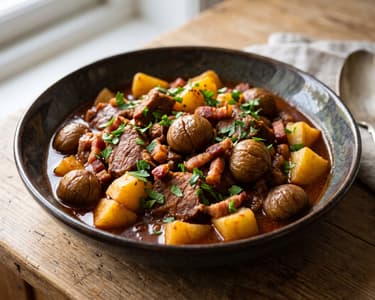 Pork ragout with chestnuts and potatoes