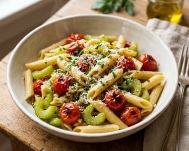 Szárzelleres penne koktélparadicsommal | Gyors olasz tészta