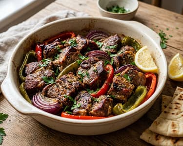 Greek Sheet Pan Kontosouvli | Tender Marinated Pork Neck with Vegetables
