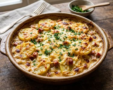Horseradish baked potatoes with smoked pork collar