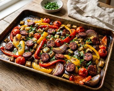 Spanish sheet pan roasted peppers with chorizo | Flavorful autumn dinner