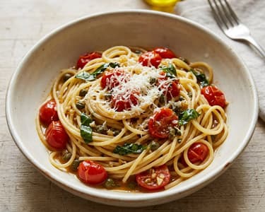 Paradicsomos-kapribogyós spagetti | 15 perces olasz zöldséges tészta