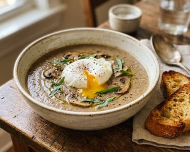 French Button Mushroom Soup | With Poached Egg