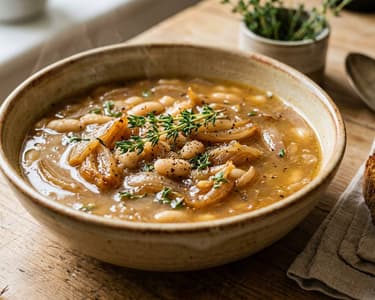 French Gers-style shallot soup with white beans | Aromatic soup braised in duck fat