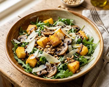 Tuscan Fried Polenta Salad | With Sautéed Mushrooms and Parmesan