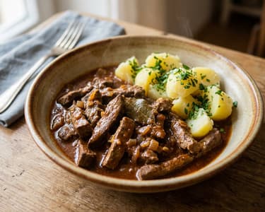 Traditional sour liver with salted potatoes