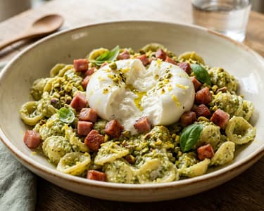 Pistachio orecchiette | With creamy ricotta, crispy ham, and burrata