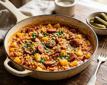 Alföld Shepherd's Egg Barley with Sausage and Potatoes
