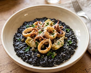 Black risotto with squid | Creamy Italian classic with sautéed squid and artichokes