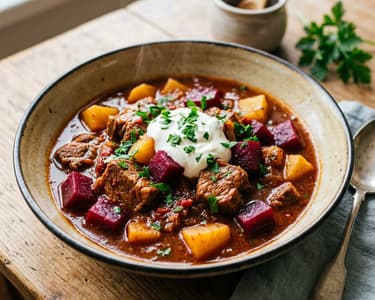 Céklás sertésragu burgonyával | Melengető őszi egytálétel