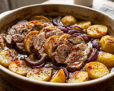 Baked pork collar with apples and potatoes | Juicy autumn one-pan dish