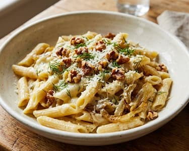 Krémes édesköményes penne gorgonzolával és pirított dióval