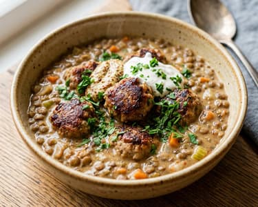 Lentil Ragout with Meatballs and Sour Cream | Hearty Hungarian One-Pot Dish