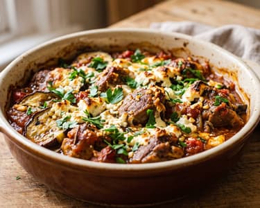 Baked Greek lamb ragout with roasted eggplant and feta