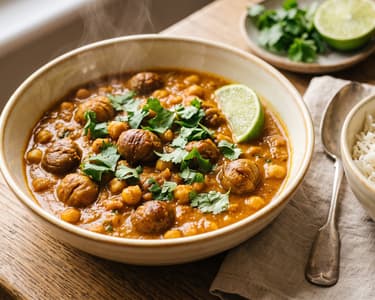 Sült gesztenyés csicseriborsó curry | Fűszeres őszi indiai egytál