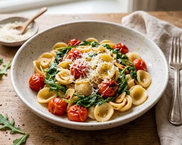 Pugliai rukkolás orecchiette koktélparadicsommal és pecorinóval | 20 perces olasz tészta