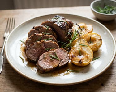 Rosemary wild boar roast with spiced roasted pears