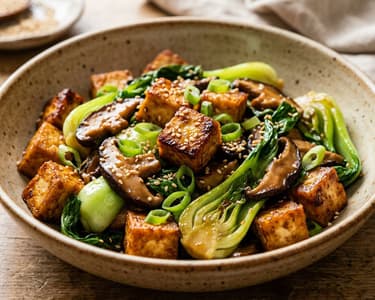 Stir-fried smoked tofu with shiitake mushrooms and pak choi | 20-minute dinner