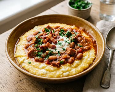 Shepherd's Polenta with Beans and Smoked Pork Collar | Rustic Autumn One-Pot