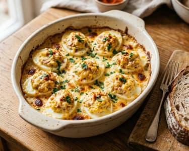 Košice-style baked stuffed eggs with sour cream and cheese | Warm Hungarian brunch