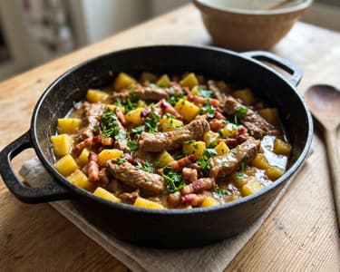Pork tokány with quince and potatoes