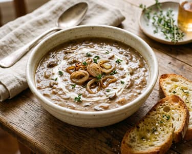 Normandy mushroom cream soup with cider and sautéed shallots