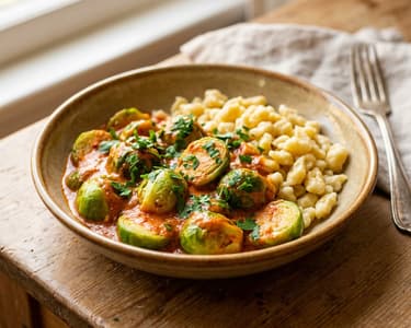 Creamy Brussels Sprout Paprikash with Homemade Nokedli