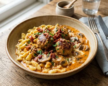Bakony-style Outlaw Meatballs with Galuska | Juicy pork meatballs in sour cream mushroom sauce