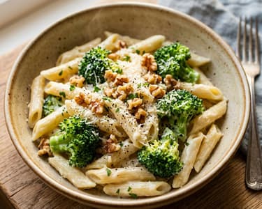 Creamy broccoli and gorgonzola penne with toasted walnuts