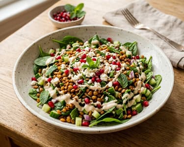Middle Eastern crispy roasted lentil salad with tahini dressing