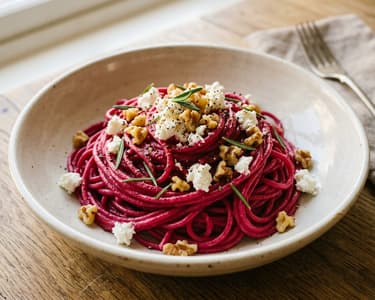 Pirított céklás spagetti | Olasz tészta kecskesajttal és dióval