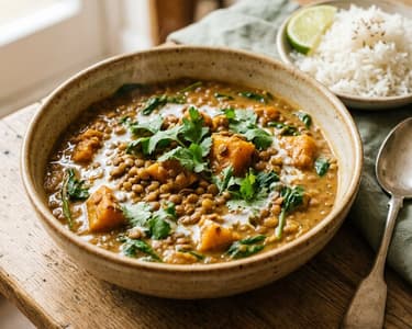 Indiai lencse curry sütőtökkel | Krémes őszi egytál