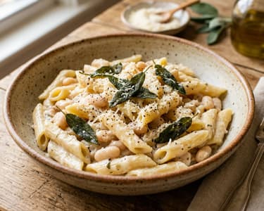 Tuscan White Bean Penne with Sage and Garlic | Creamy Italian Pasta