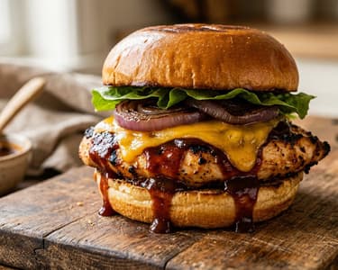 Füstös BBQ csirkemell burger | Szaftos cheddarral és lilahagymával