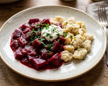 Céklapörkölt juhtúrós galuskával | Szaftos őszi zöldségfogás