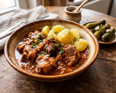 Traditional cauldron pork knuckle stew with salted potatoes