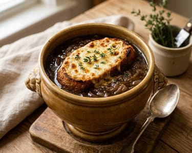 Francia hagymaleves | Tradicionális karamellizált hagymaleves sajtos bagettel