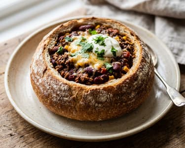 Chili con carne kenyértálban | Gazdag marharagu ropogós cipóban tálalva