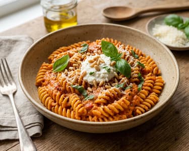 Krémes sült paprikás fusilli ricottával és bazsalikommal