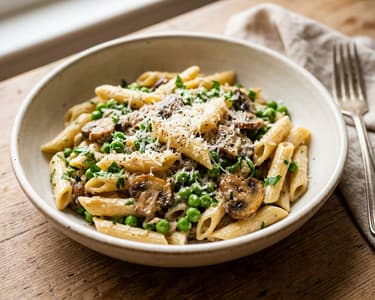 Penne alla Boscaiola | Krémes gombás és zöldborsós tészta