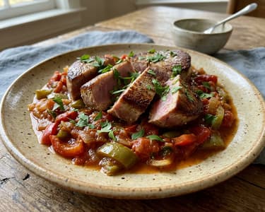 Baszk tonhalsteak piperade-dal | Szaftos spanyol halvacsora