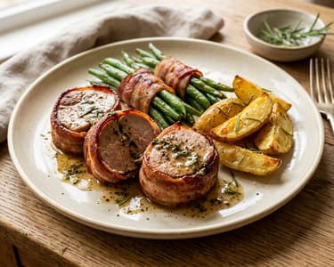 Baconbe göngyölt zöldbabos sertésszűz steak burgonyával