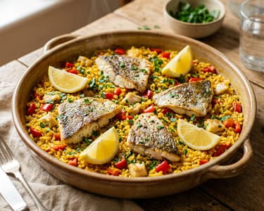 Spanish sea bream rice with saffron and kapia pepper | Arroz con dorada