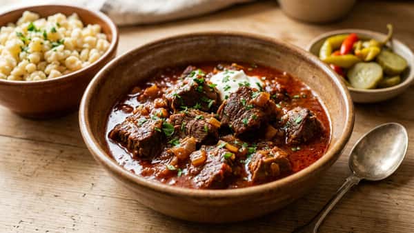 Szaftos marhapörkölt recept vörösborral és házi galuskával