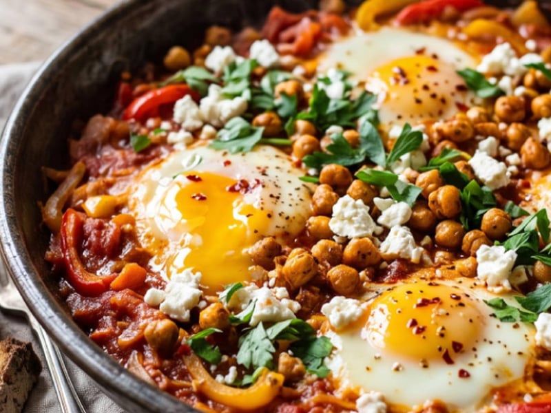 Lecsós shakshuka fetával és ropogós csicseriborsóval