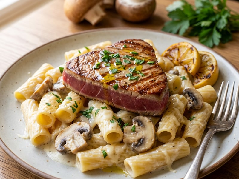 Creamy Mushroom Rigatoni with Red Tuna