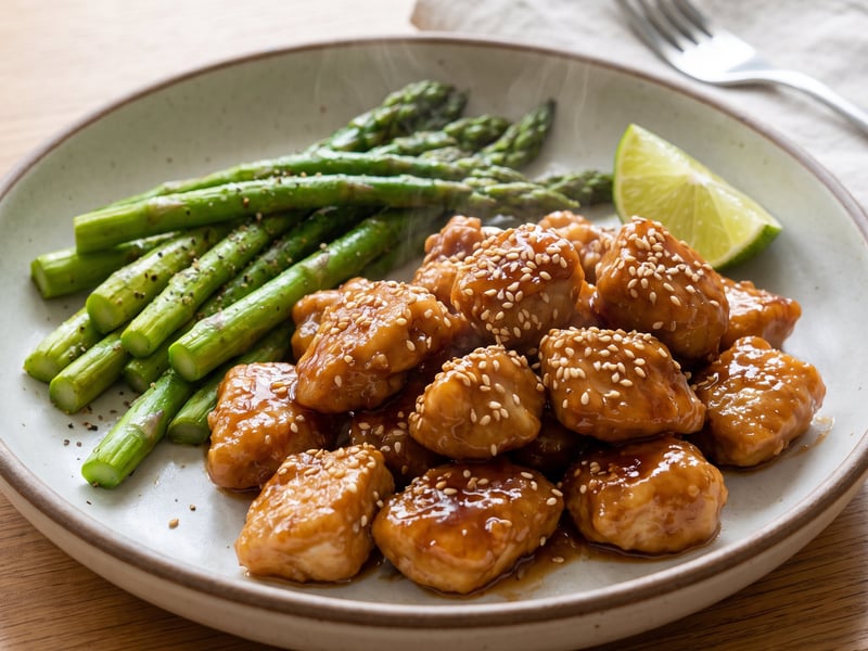 Sesame chicken bites with asparagus