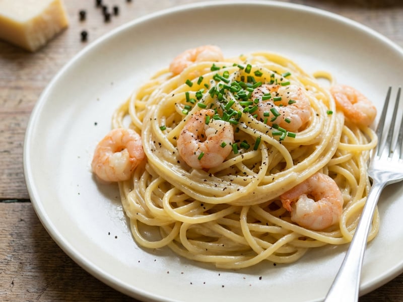 Spagetti pecorino sajttal és garnélarákkal