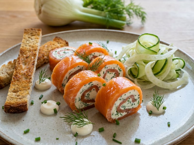 Dill cream cheese stuffed smoked salmon, with marinated fennel and cucumber